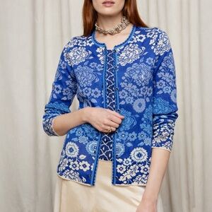 Oleana Norwegian Floral Silk Wool Button Cardigan